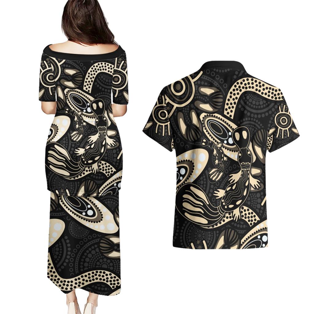 Australia Mothers Day Couples Matching Puletasi and Hawaiian Shirt Mom And Baby Platypus Aboriginal Art