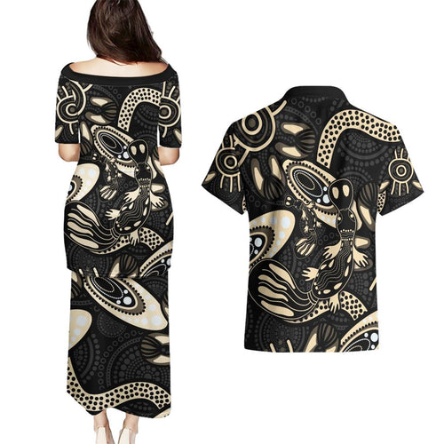Australia Mothers Day Couples Matching Puletasi and Hawaiian Shirt Mom And Baby Platypus Aboriginal Art