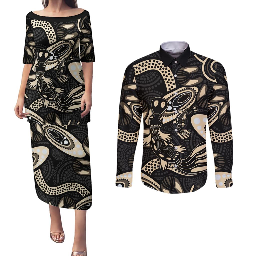 Australia Mothers Day Couples Matching Puletasi and Long Sleeve Button Shirt Mom And Baby Platypus Aboriginal Art
