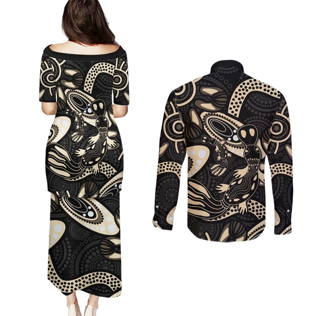 Australia Mothers Day Couples Matching Puletasi and Long Sleeve Button Shirt Mom And Baby Platypus Aboriginal Art