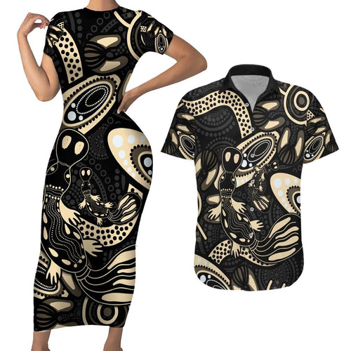 Australia Mothers Day Couples Matching Short Sleeve Bodycon Dress and Hawaiian Shirt Mom And Baby Platypus Aboriginal Art