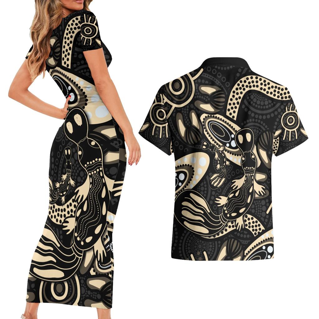 Australia Mothers Day Couples Matching Short Sleeve Bodycon Dress and Hawaiian Shirt Mom And Baby Platypus Aboriginal Art