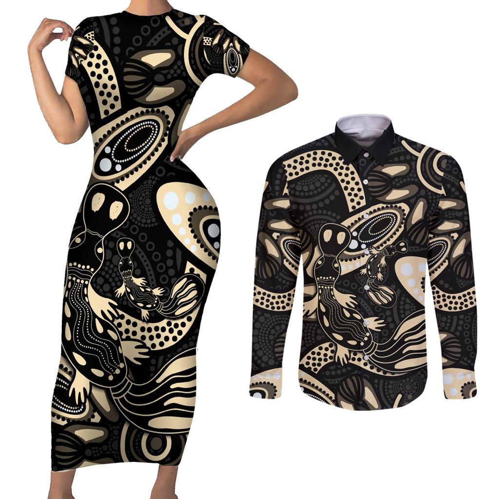 Australia Mothers Day Couples Matching Short Sleeve Bodycon Dress and Long Sleeve Button Shirt Mom And Baby Platypus Aboriginal Art