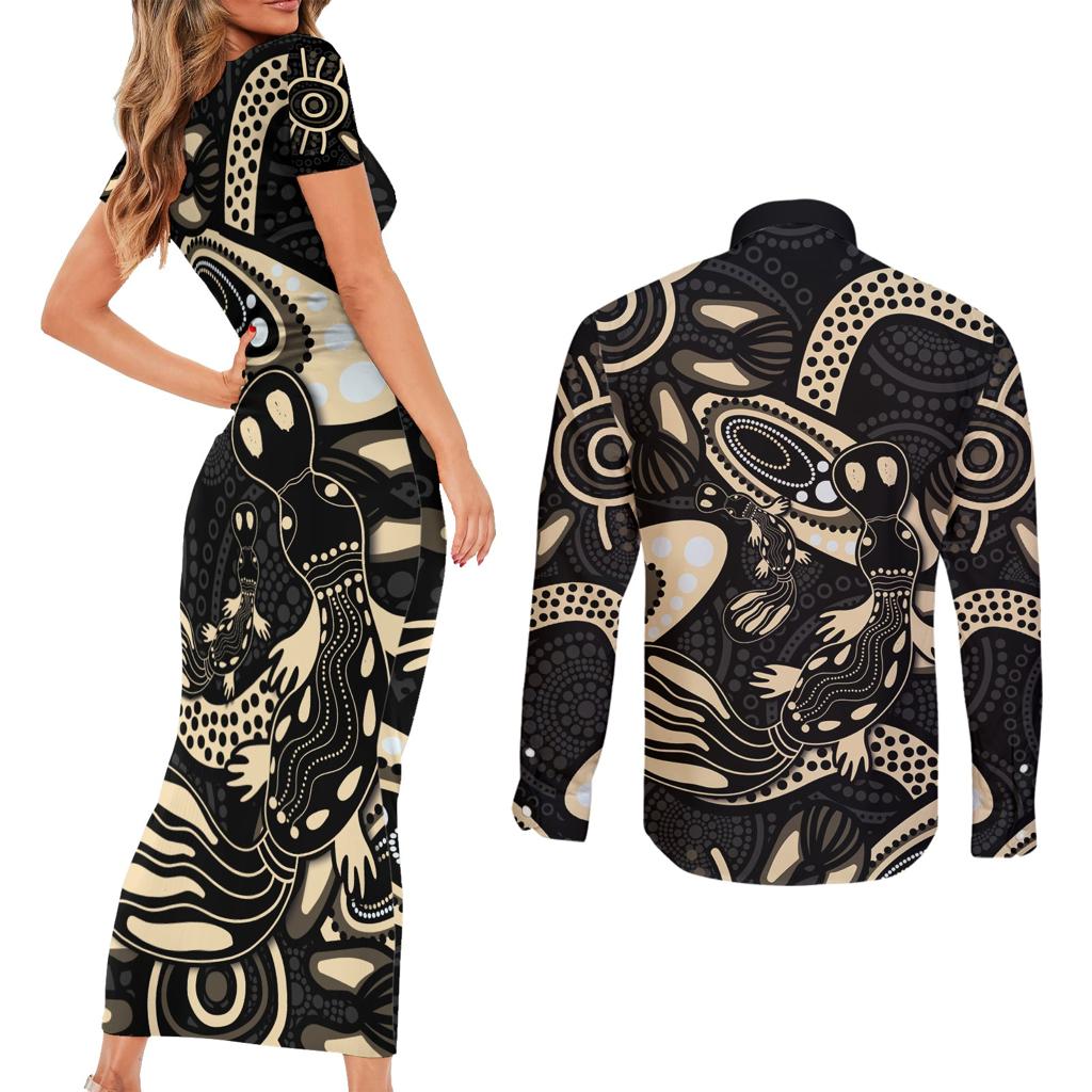 Australia Mothers Day Couples Matching Short Sleeve Bodycon Dress and Long Sleeve Button Shirt Mom And Baby Platypus Aboriginal Art