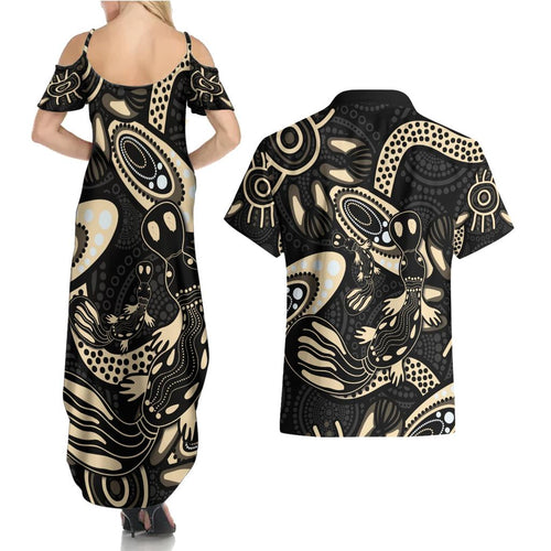 Australia Mothers Day Couples Matching Summer Maxi Dress and Hawaiian Shirt Mom And Baby Platypus Aboriginal Art