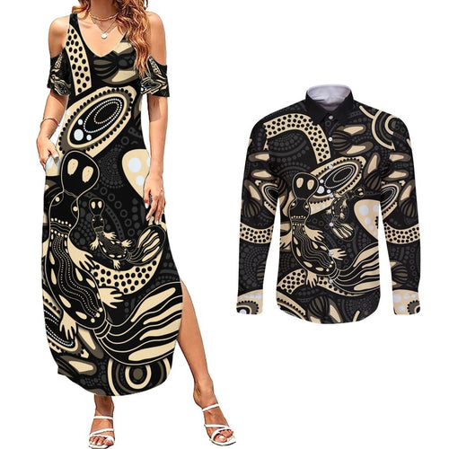 Australia Mothers Day Couples Matching Summer Maxi Dress and Long Sleeve Button Shirt Mom And Baby Platypus Aboriginal Art