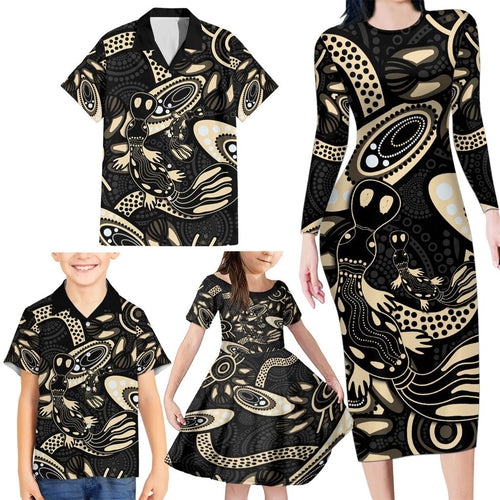 Australia Mothers Day Family Matching Long Sleeve Bodycon Dress and Hawaiian Shirt Mom And Baby Platypus Aboriginal Art