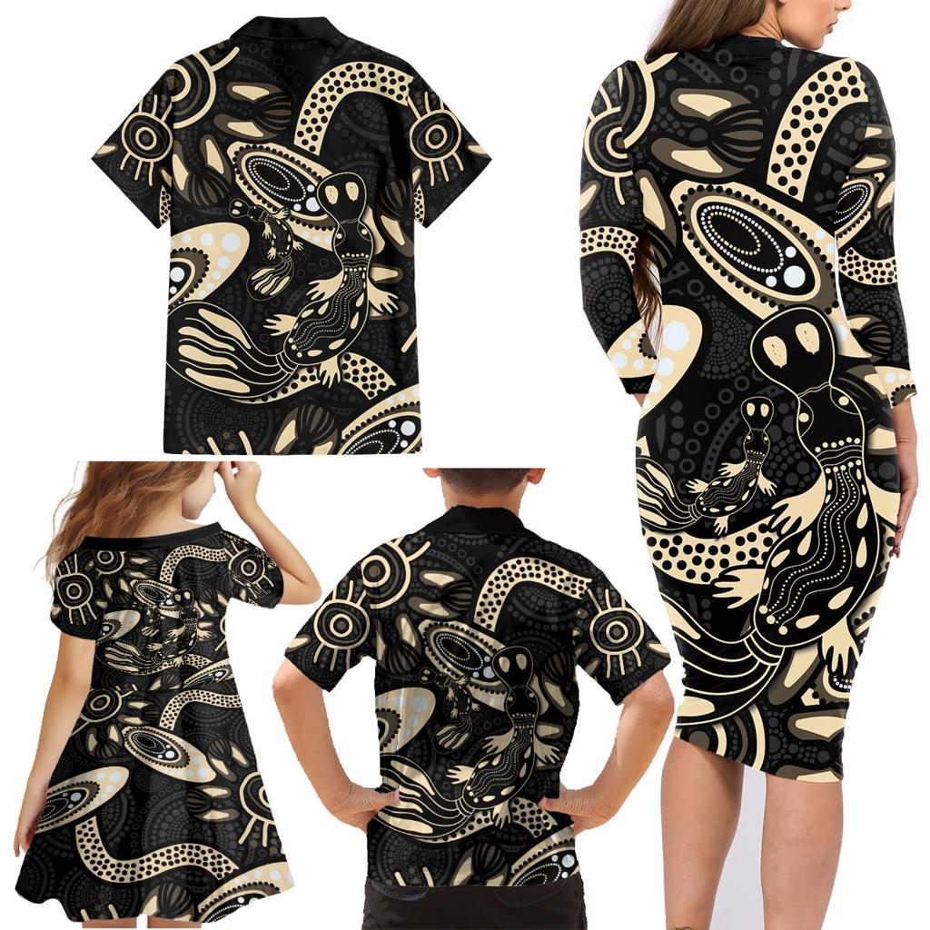 Australia Mothers Day Family Matching Long Sleeve Bodycon Dress and Hawaiian Shirt Mom And Baby Platypus Aboriginal Art