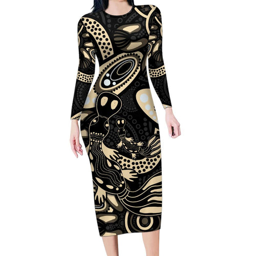 Australia Mothers Day Family Matching Long Sleeve Bodycon Dress and Hawaiian Shirt Mom And Baby Platypus Aboriginal Art