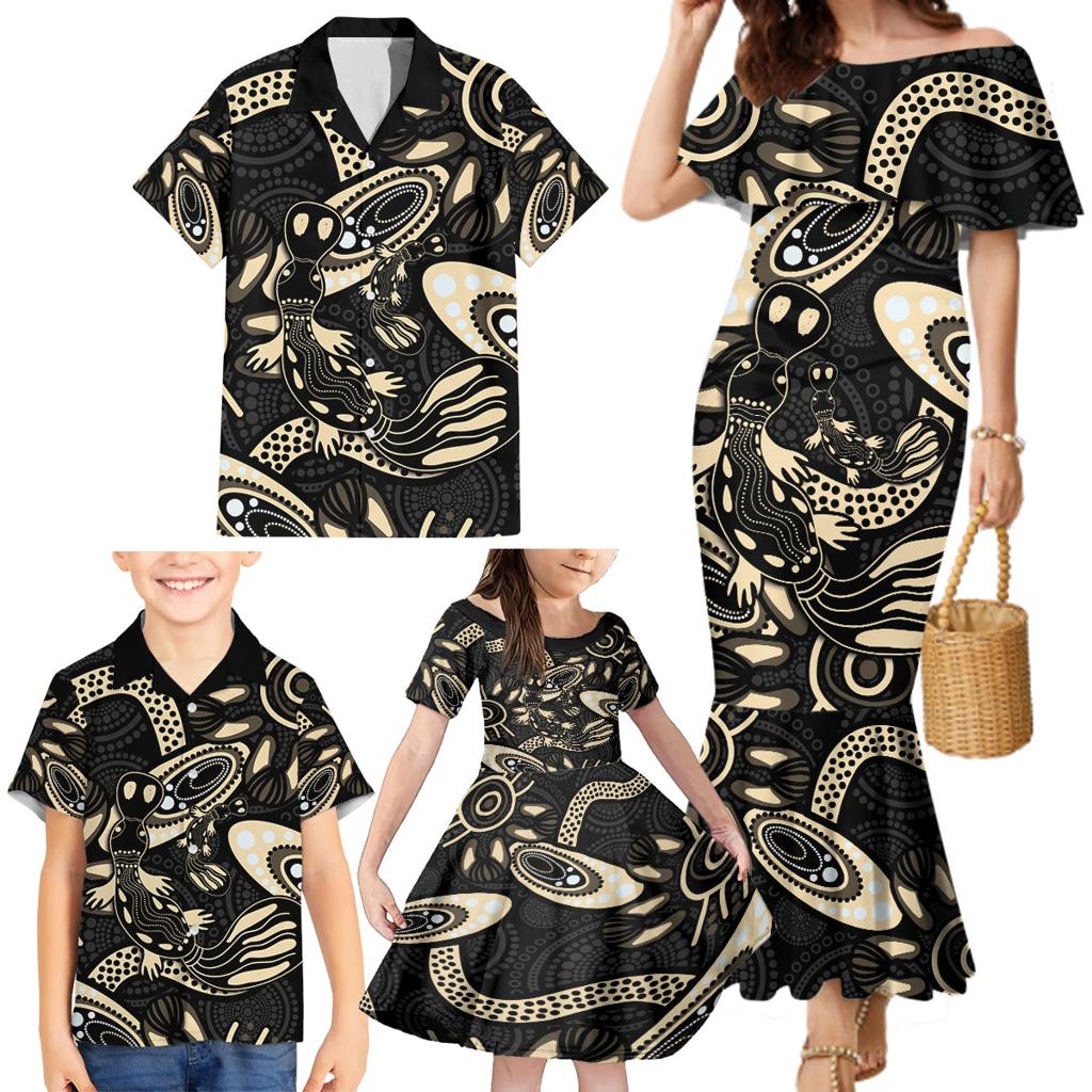 Australia Mothers Day Family Matching Mermaid Dress and Hawaiian Shirt Mom And Baby Platypus Aboriginal Art