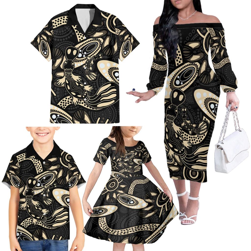 Australia Mothers Day Family Matching Off The Shoulder Long Sleeve Dress and Hawaiian Shirt Mom And Baby Platypus Aboriginal Art