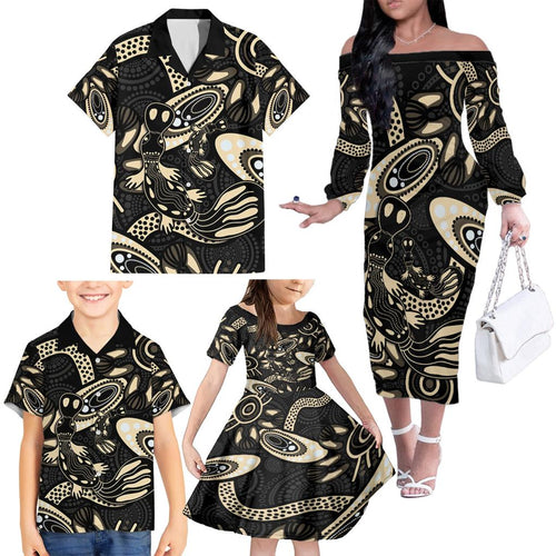 Australia Mothers Day Family Matching Off The Shoulder Long Sleeve Dress and Hawaiian Shirt Mom And Baby Platypus Aboriginal Art
