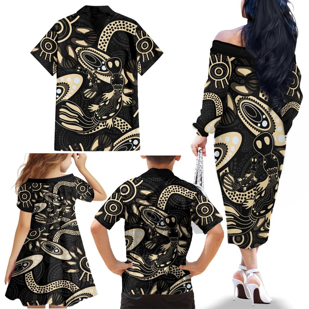 Australia Mothers Day Family Matching Off The Shoulder Long Sleeve Dress and Hawaiian Shirt Mom And Baby Platypus Aboriginal Art