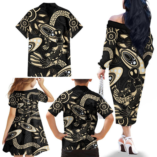 Australia Mothers Day Family Matching Off The Shoulder Long Sleeve Dress and Hawaiian Shirt Mom And Baby Platypus Aboriginal Art