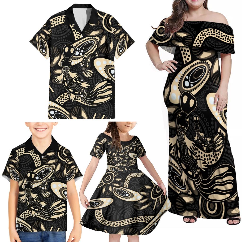 Australia Mothers Day Family Matching Off Shoulder Maxi Dress and Hawaiian Shirt Mom And Baby Platypus Aboriginal Art