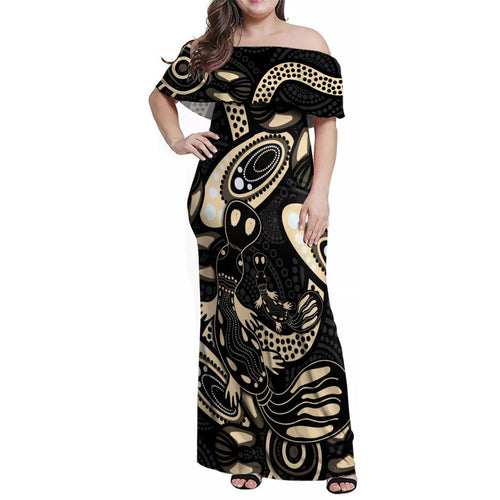 Australia Mothers Day Family Matching Off Shoulder Maxi Dress and Hawaiian Shirt Mom And Baby Platypus Aboriginal Art
