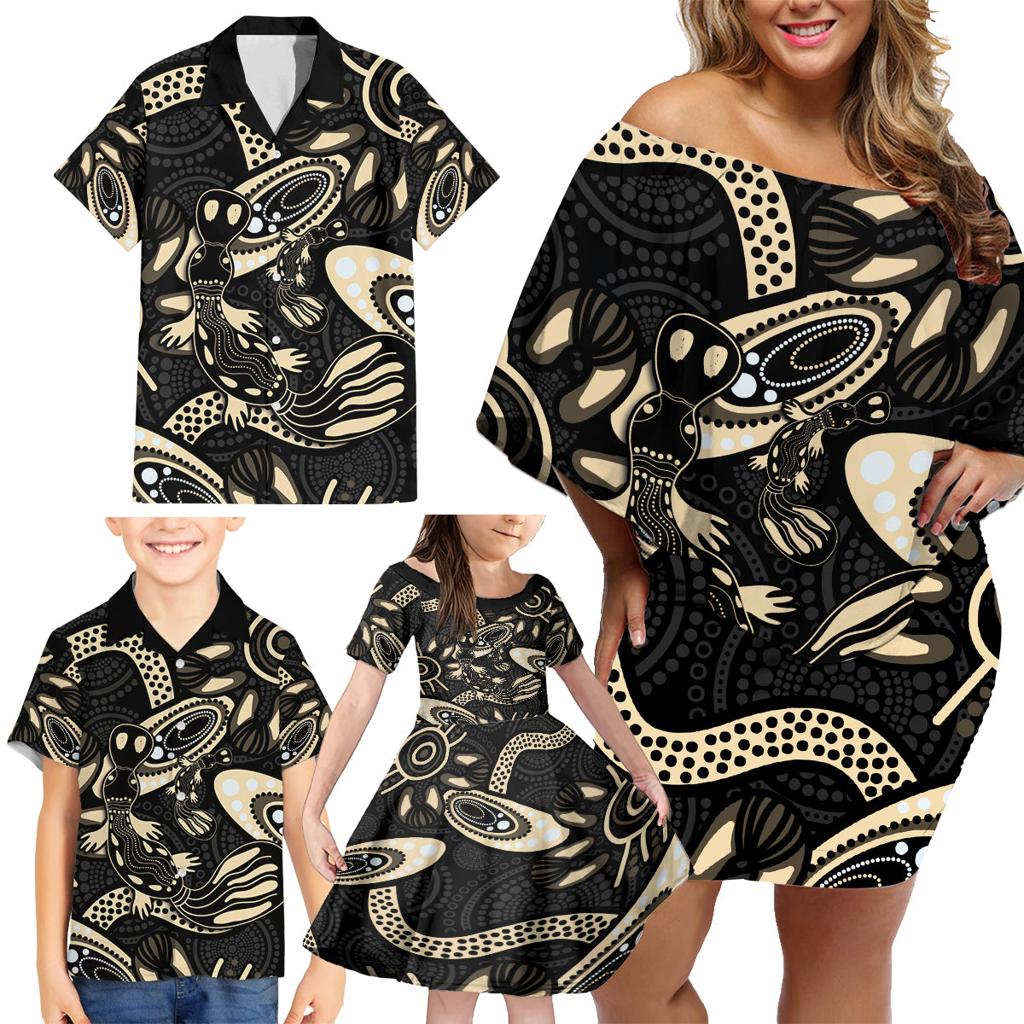 Australia Mothers Day Family Matching Off Shoulder Short Dress and Hawaiian Shirt Mom And Baby Platypus Aboriginal Art