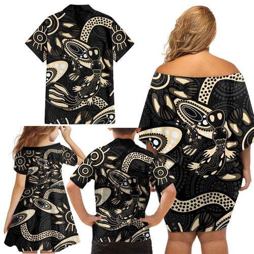 Australia Mothers Day Family Matching Off Shoulder Short Dress and Hawaiian Shirt Mom And Baby Platypus Aboriginal Art
