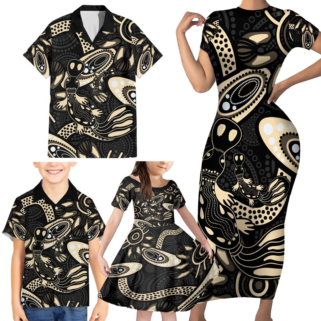 Australia Mothers Day Family Matching Short Sleeve Bodycon Dress and Hawaiian Shirt Mom And Baby Platypus Aboriginal Art