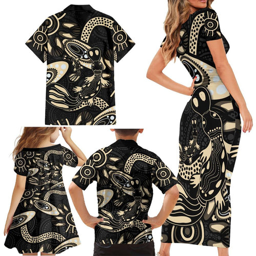 Australia Mothers Day Family Matching Short Sleeve Bodycon Dress and Hawaiian Shirt Mom And Baby Platypus Aboriginal Art