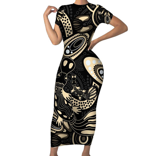 Australia Mothers Day Family Matching Short Sleeve Bodycon Dress and Hawaiian Shirt Mom And Baby Platypus Aboriginal Art