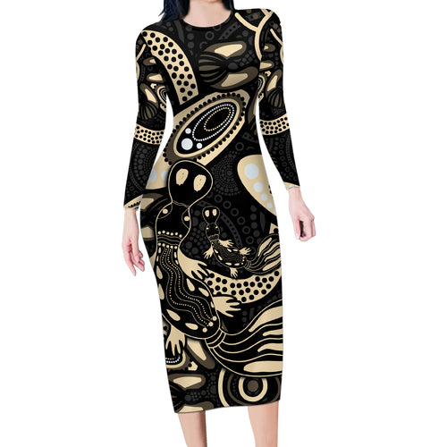 Australia Mothers Day Long Sleeve Bodycon Dress Mom And Baby Platypus Aboriginal Art