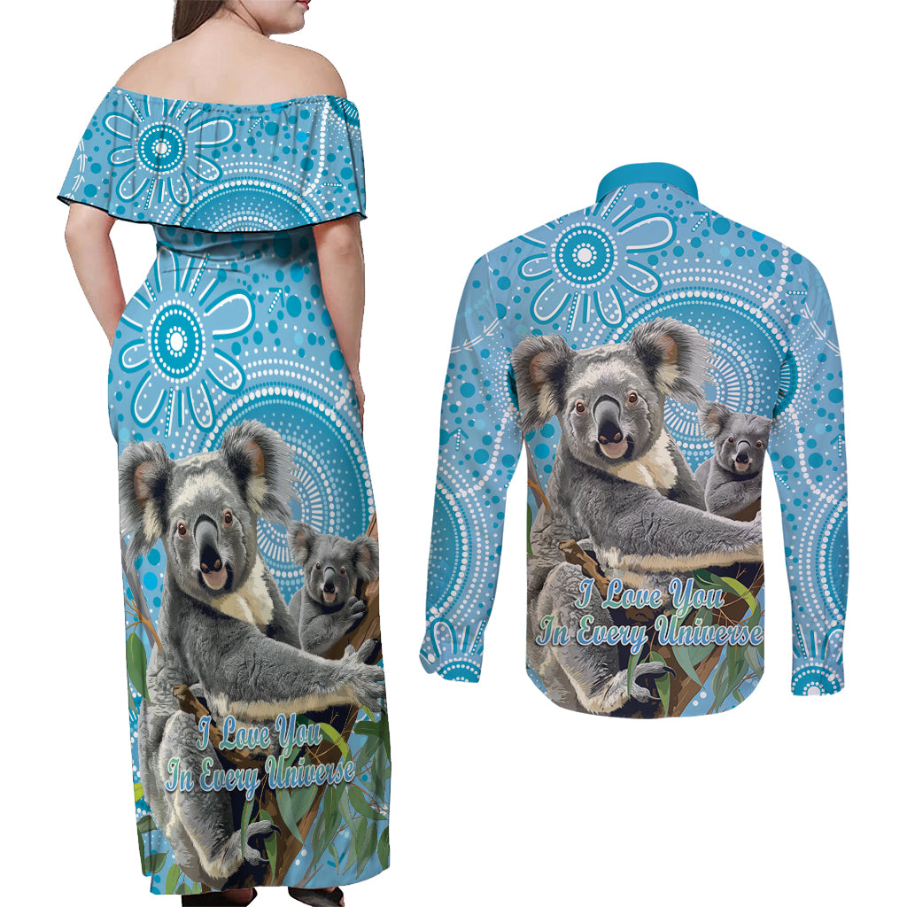 Australia Mothers Day Couples Matching Off Shoulder Maxi Dress and Long Sleeve Button Shirt I Love You Every Universe Aboriginal Art