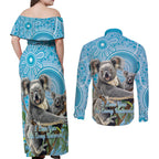 Australia Mothers Day Couples Matching Off Shoulder Maxi Dress and Long Sleeve Button Shirt I Love You Every Universe Aboriginal Art
