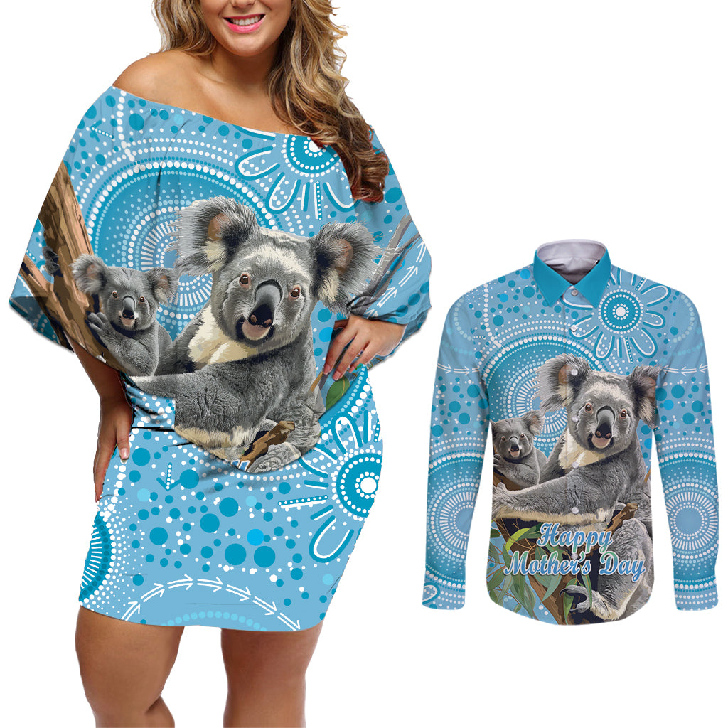 Australia Mothers Day Couples Matching Off Shoulder Short Dress and Long Sleeve Button Shirt I Love You Every Universe Aboriginal Art