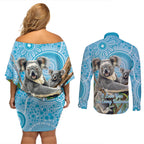Australia Mothers Day Couples Matching Off Shoulder Short Dress and Long Sleeve Button Shirt I Love You Every Universe Aboriginal Art