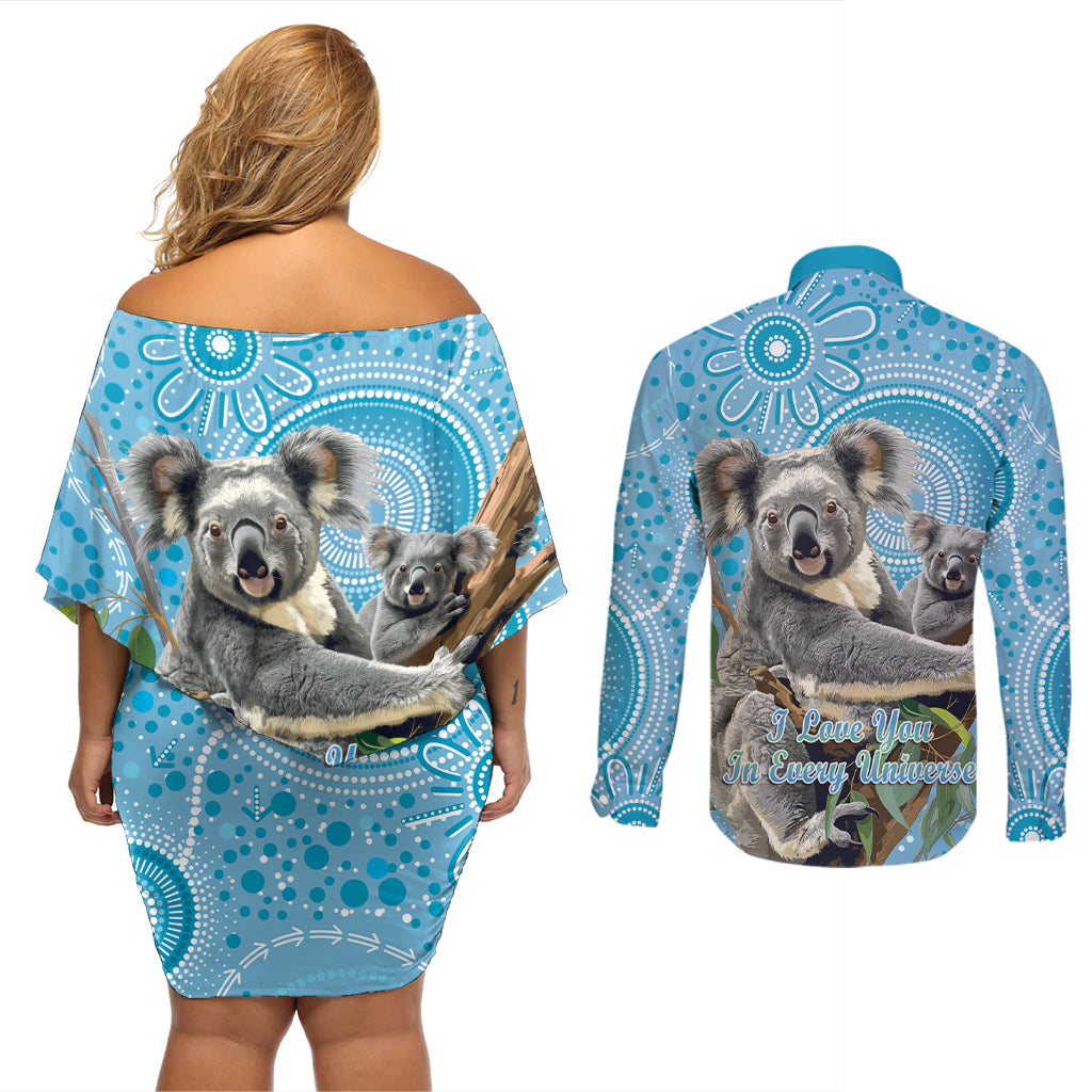 Australia Mothers Day Couples Matching Off Shoulder Short Dress and Long Sleeve Button Shirt I Love You Every Universe Aboriginal Art