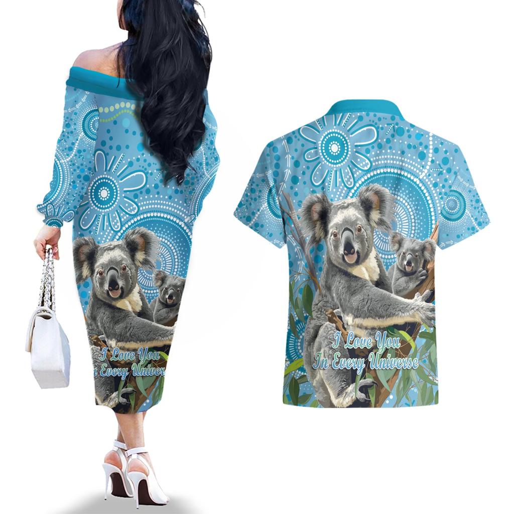 Australia Mothers Day Couples Matching Off The Shoulder Long Sleeve Dress and Hawaiian Shirt I Love You Every Universe Aboriginal Art