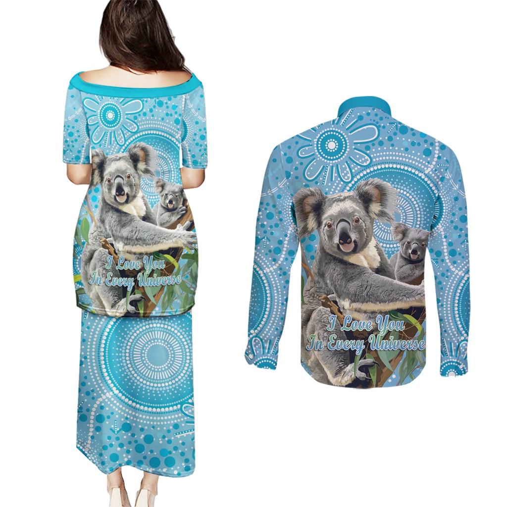 Australia Mothers Day Couples Matching Puletasi and Long Sleeve Button Shirt I Love You Every Universe Aboriginal Art