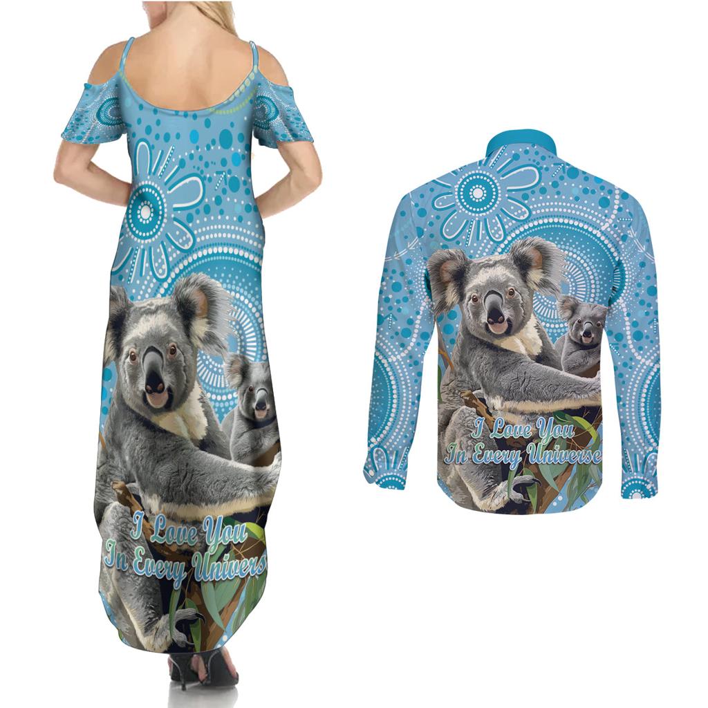 Australia Mothers Day Couples Matching Summer Maxi Dress and Long Sleeve Button Shirt I Love You Every Universe Aboriginal Art