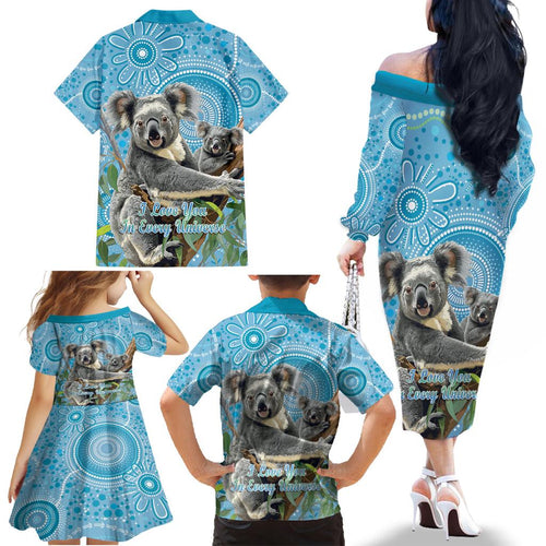 Australia Mothers Day Family Matching Off The Shoulder Long Sleeve Dress and Hawaiian Shirt I Love You Every Universe Aboriginal Art