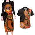 Australia Mothers Day Couples Matching Long Sleeve Bodycon Dress and Hawaiian Shirt Mom And Baby Footprint Indigenous