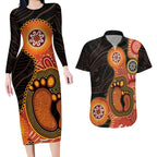 Australia Mothers Day Couples Matching Long Sleeve Bodycon Dress and Hawaiian Shirt Mom And Baby Footprint Indigenous