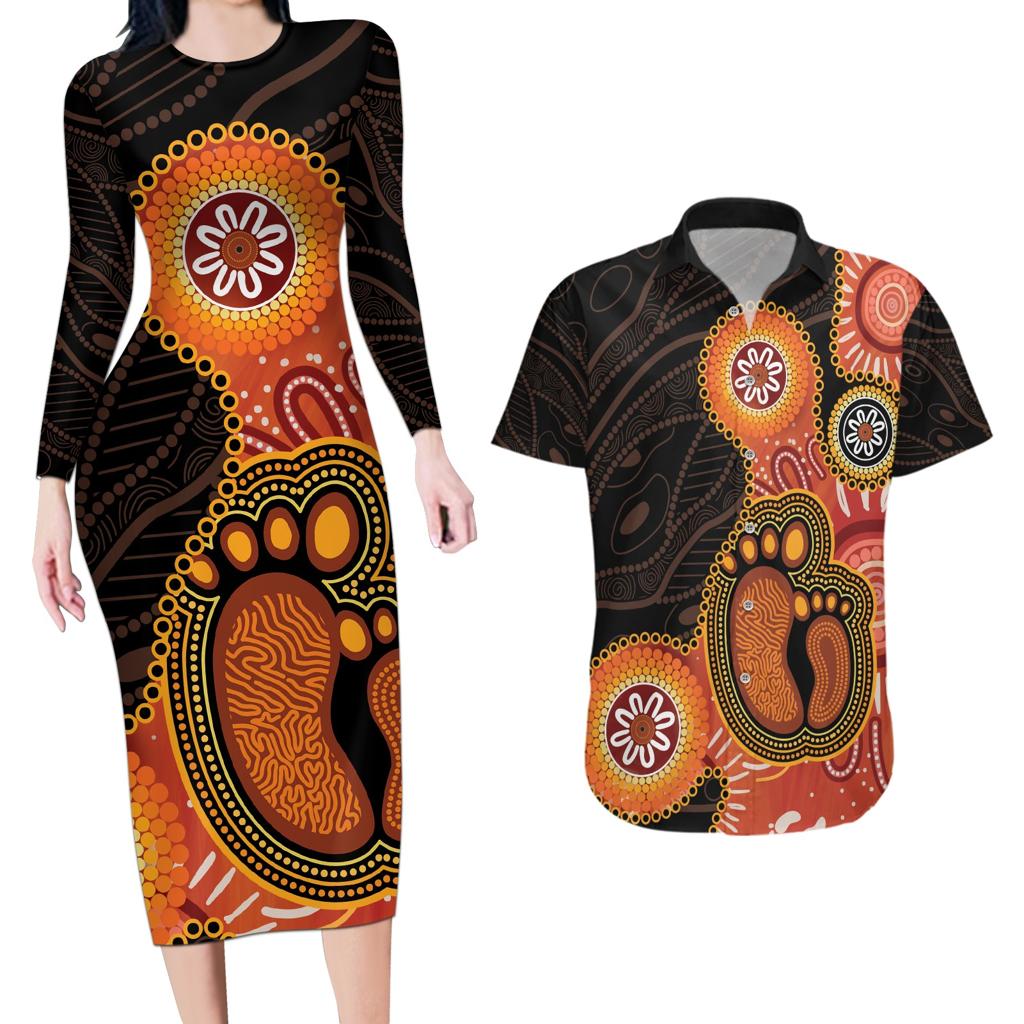 Australia Mothers Day Couples Matching Long Sleeve Bodycon Dress and Hawaiian Shirt Mom And Baby Footprint Indigenous