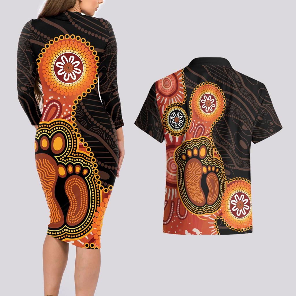 Australia Mothers Day Couples Matching Long Sleeve Bodycon Dress and Hawaiian Shirt Mom And Baby Footprint Indigenous