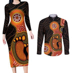 Australia Mothers Day Couples Matching Long Sleeve Bodycon Dress and Long Sleeve Button Shirt Mom And Baby Footprint Indigenous