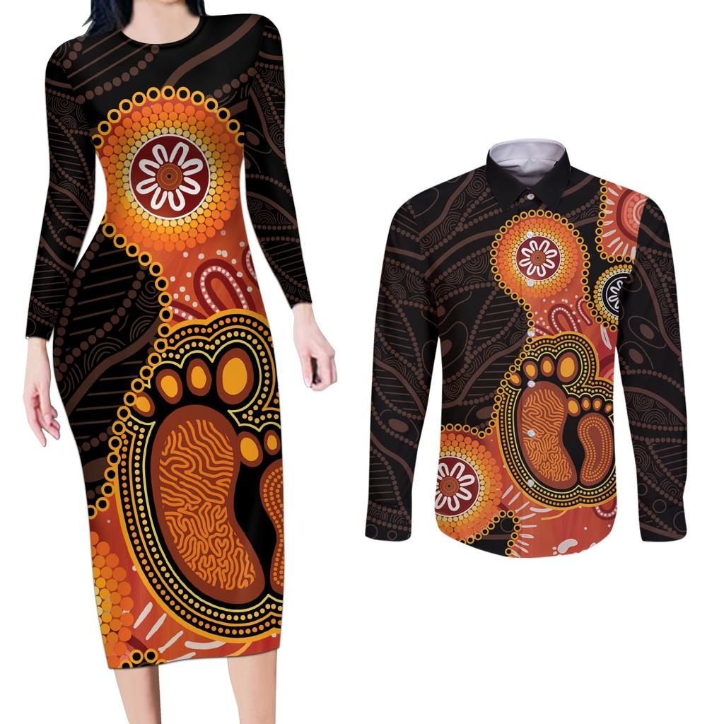 Australia Mothers Day Couples Matching Long Sleeve Bodycon Dress and Long Sleeve Button Shirt Mom And Baby Footprint Indigenous