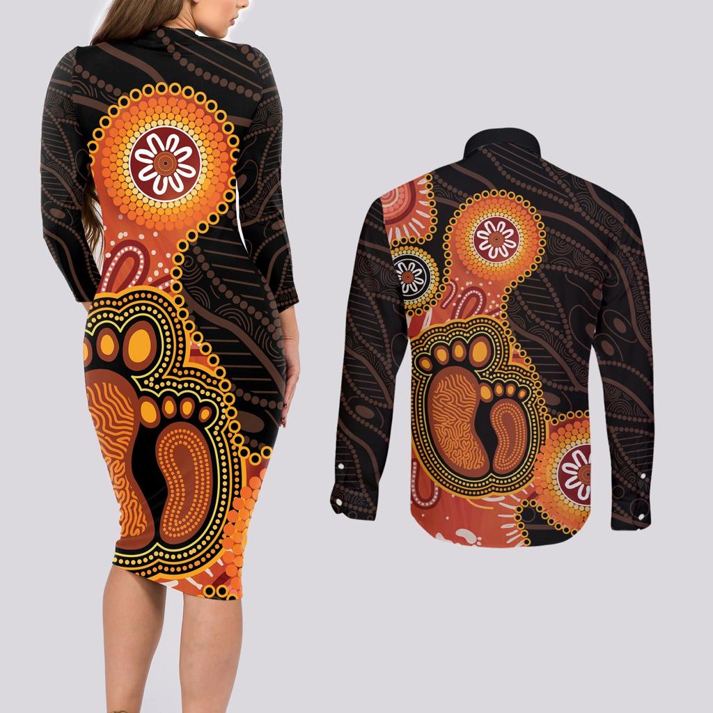 Australia Mothers Day Couples Matching Long Sleeve Bodycon Dress and Long Sleeve Button Shirt Mom And Baby Footprint Indigenous