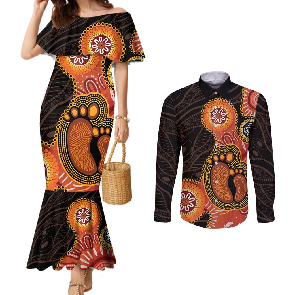 Australia Mothers Day Couples Matching Mermaid Dress and Long Sleeve Button Shirt Mom And Baby Footprint Indigenous