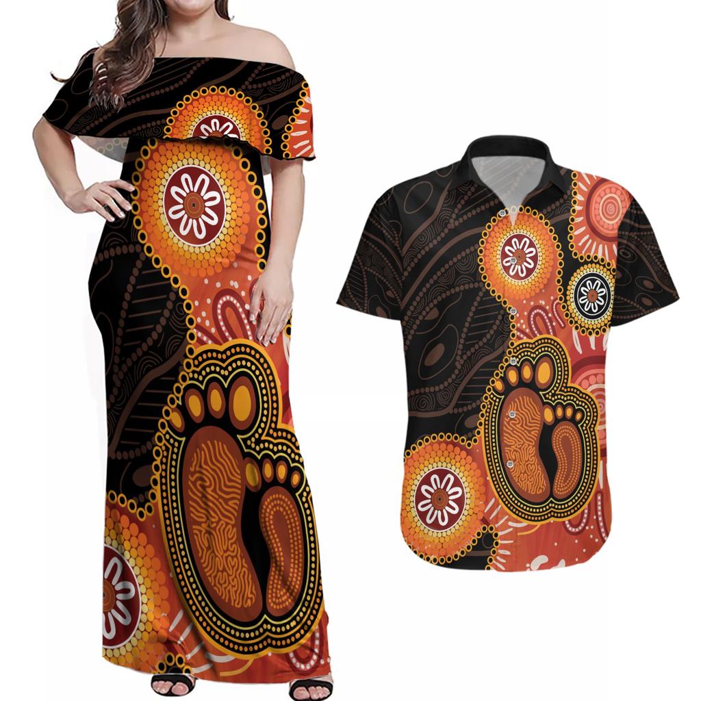 Australia Mothers Day Couples Matching Off Shoulder Maxi Dress and Hawaiian Shirt Mom And Baby Footprint Indigenous