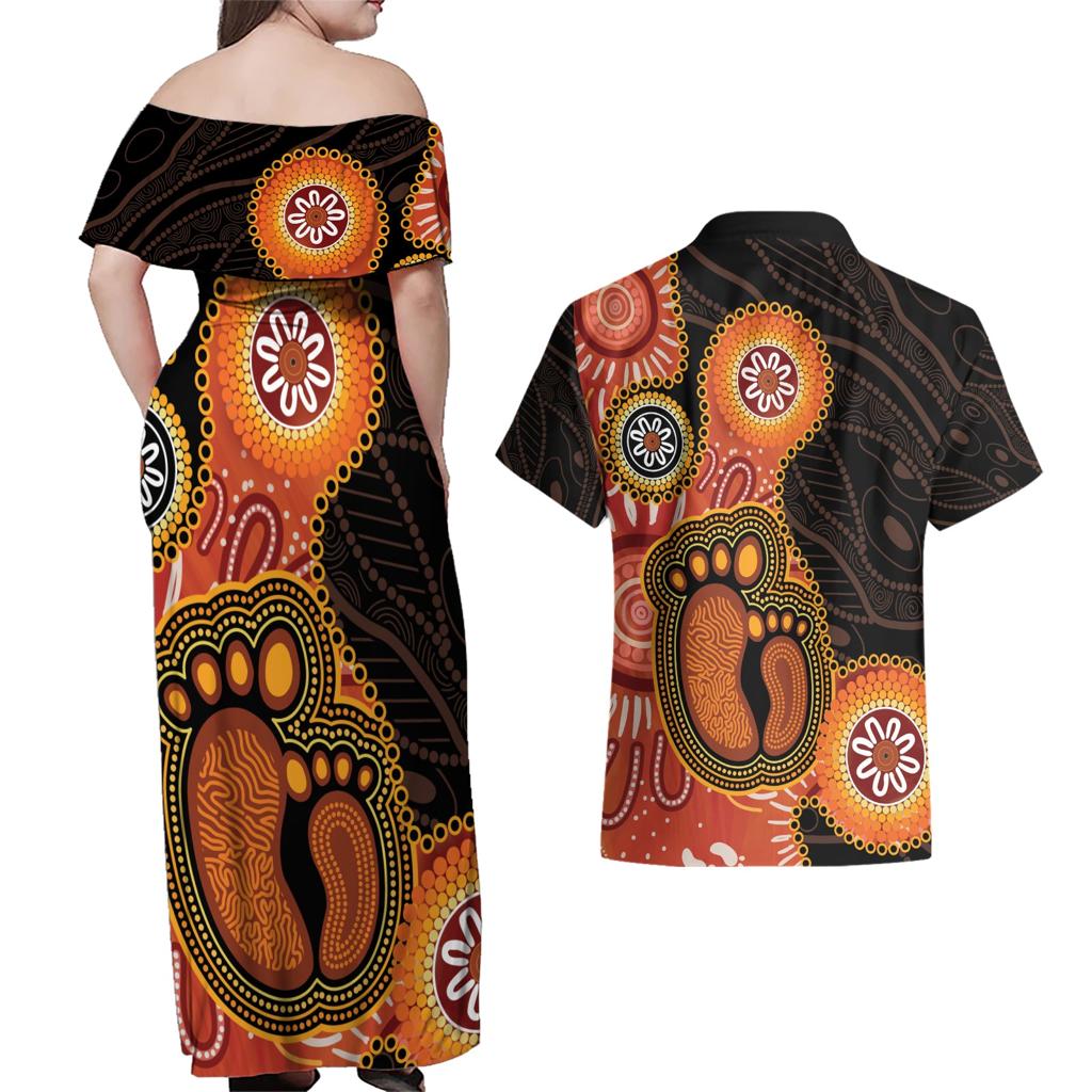 Australia Mothers Day Couples Matching Off Shoulder Maxi Dress and Hawaiian Shirt Mom And Baby Footprint Indigenous