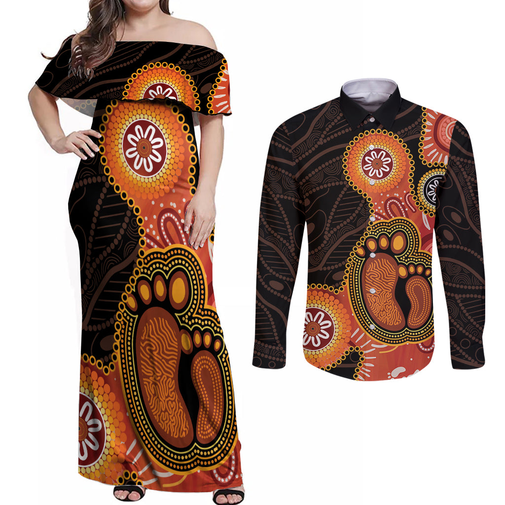 Australia Mothers Day Couples Matching Off Shoulder Maxi Dress and Long Sleeve Button Shirt Mom And Baby Footprint Indigenous