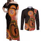 Australia Mothers Day Couples Matching Off Shoulder Maxi Dress and Long Sleeve Button Shirt Mom And Baby Footprint Indigenous