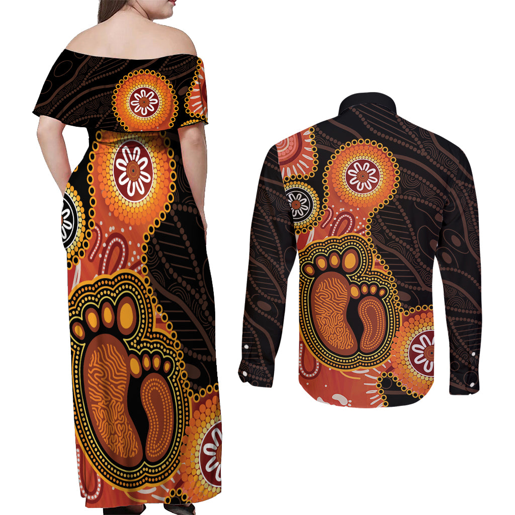 Australia Mothers Day Couples Matching Off Shoulder Maxi Dress and Long Sleeve Button Shirt Mom And Baby Footprint Indigenous