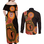 Australia Mothers Day Couples Matching Off Shoulder Maxi Dress and Long Sleeve Button Shirt Mom And Baby Footprint Indigenous