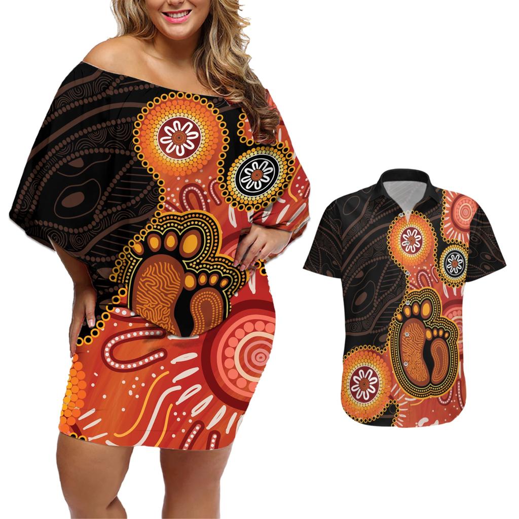 Australia Mothers Day Couples Matching Off Shoulder Short Dress and Hawaiian Shirt Mom And Baby Footprint Indigenous